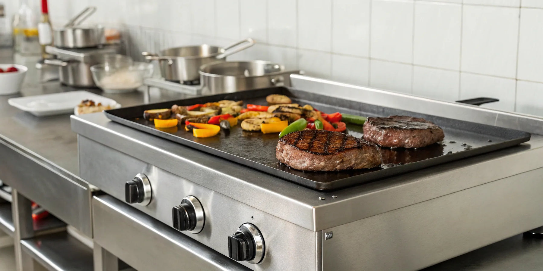 Commercial electric griddle cooking steaks and vegetables.