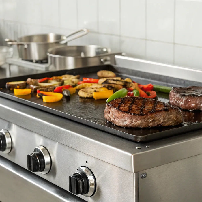 Commercial electric griddle cooking steaks and vegetables.