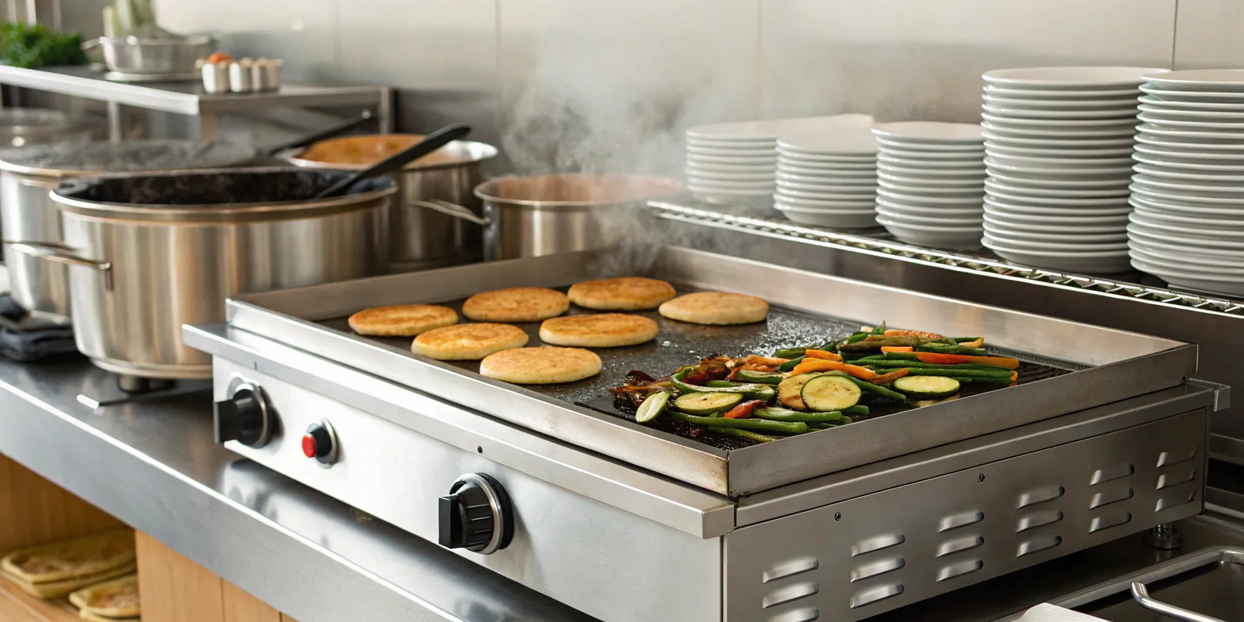 Electric griddle cooking pancakes and vegetables.