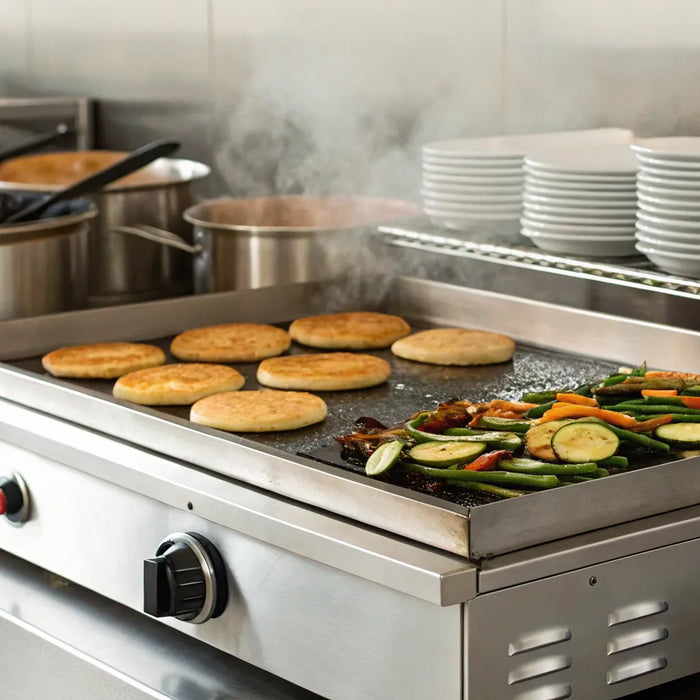 Electric griddle cooking pancakes and vegetables.