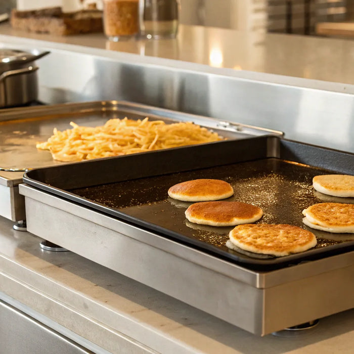 Electric griddle cooking pancakes and fries.
