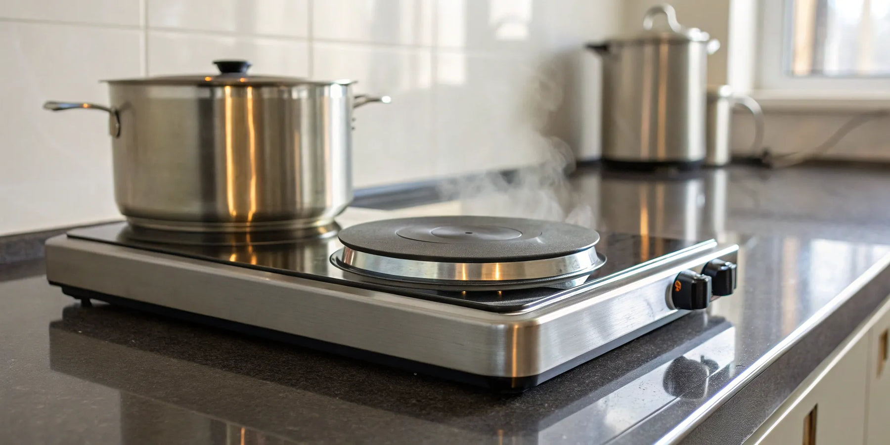 Electric hotplate with stainless steel pot for cooking.