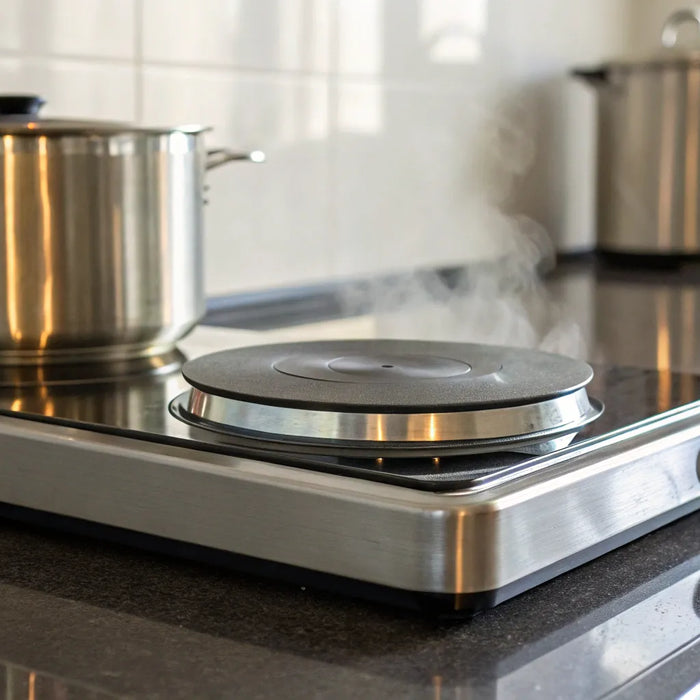 Electric hotplate with stainless steel pot for cooking.