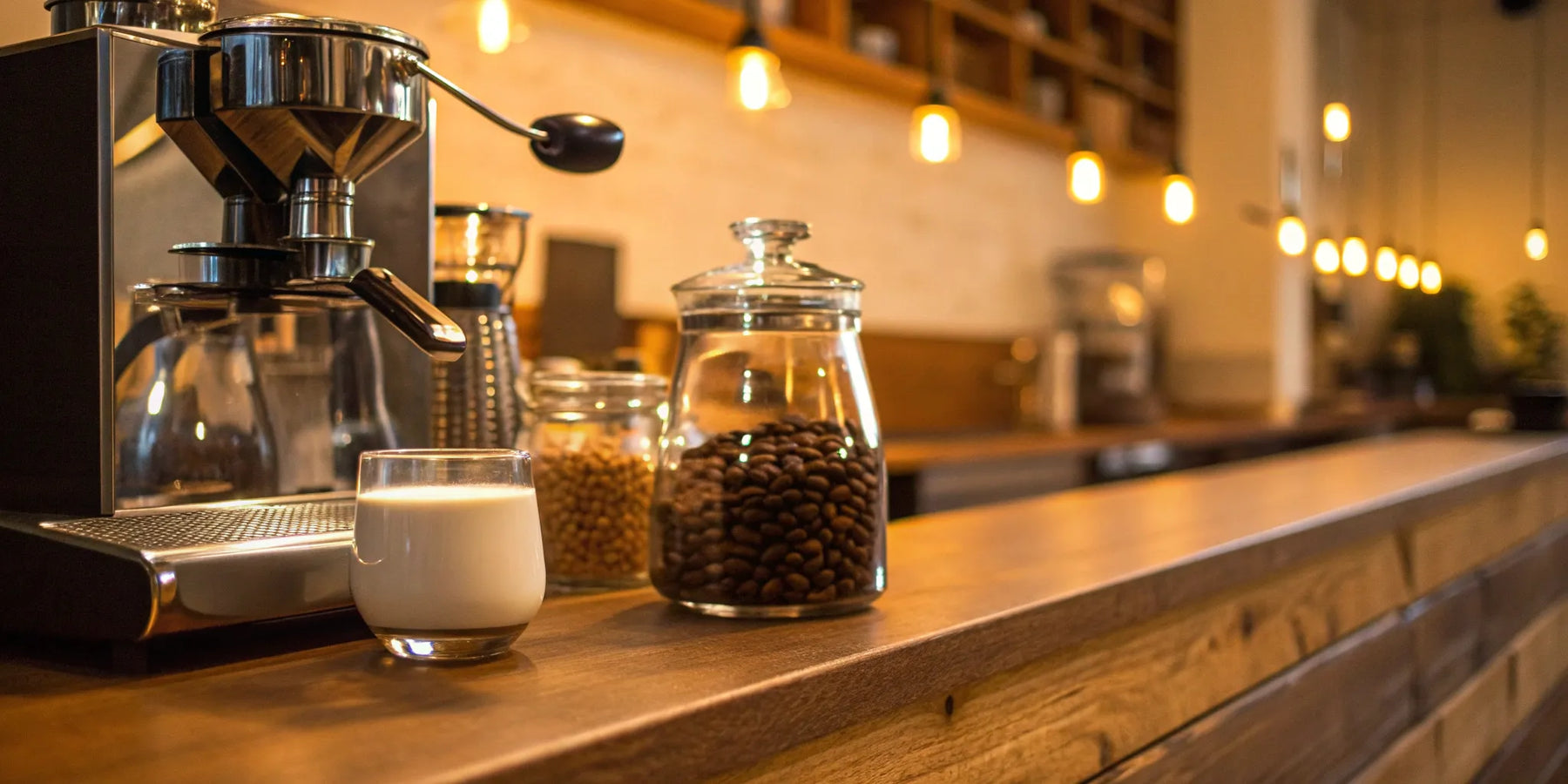 Best coffee shop equipment: espresso machine, milk, and beans.