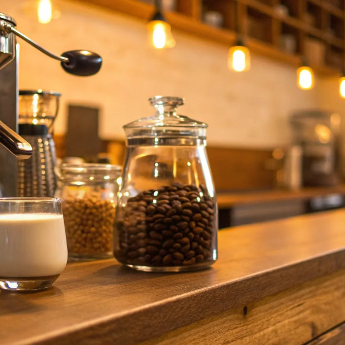 Best coffee shop equipment: espresso machine, milk, and beans.