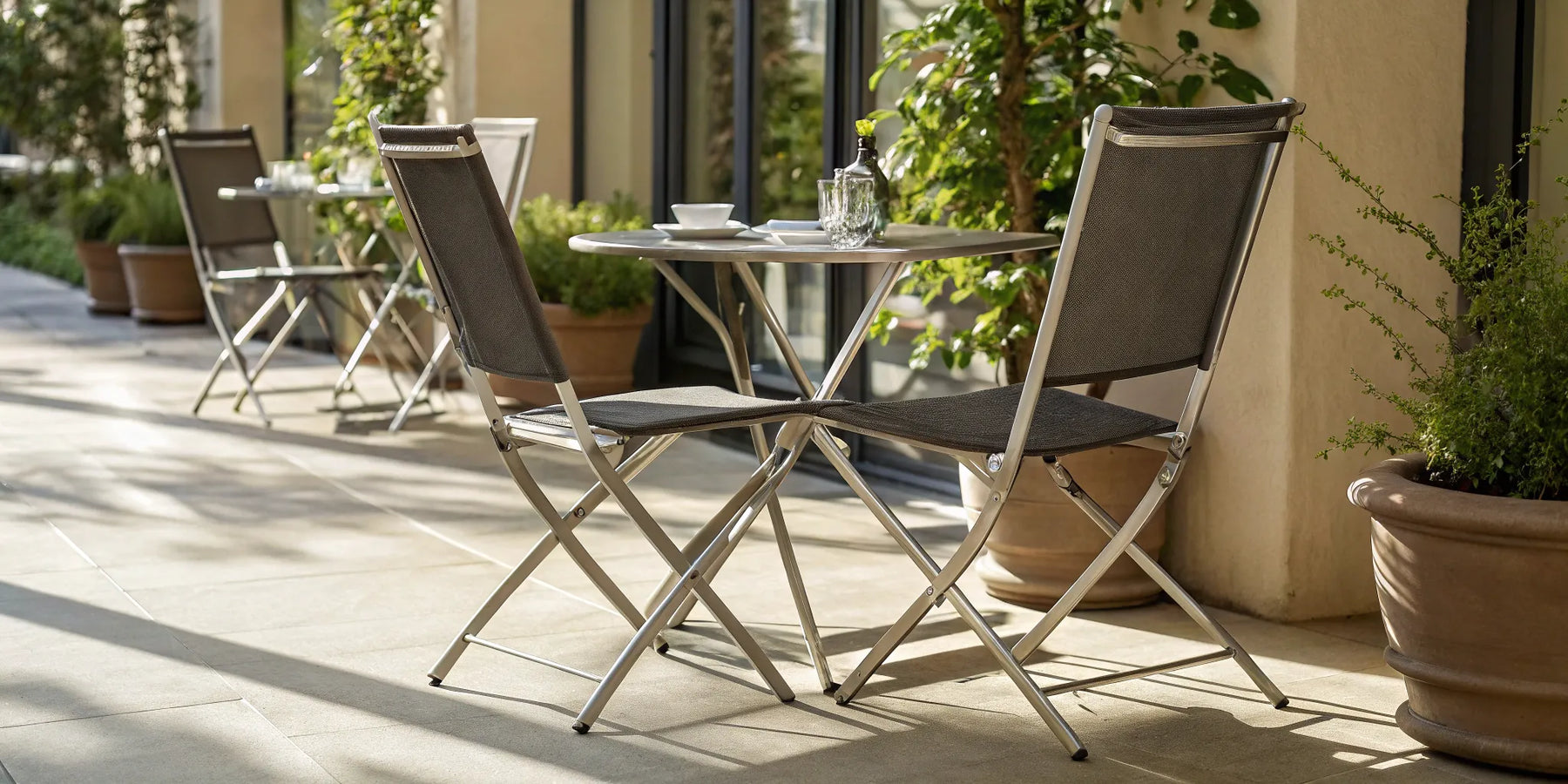 Metal folding chairs around a table.