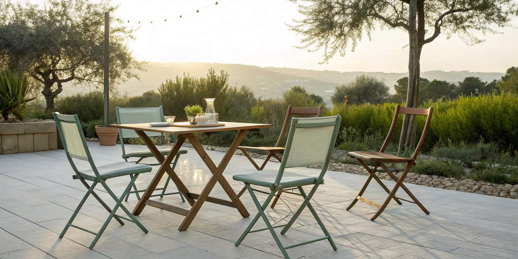 Folding chairs around a table.