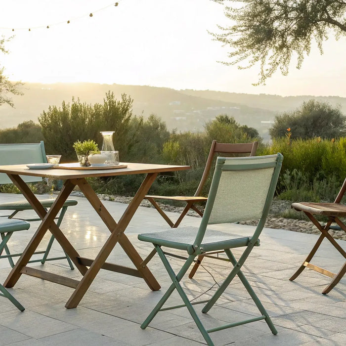 Folding chairs around a table.