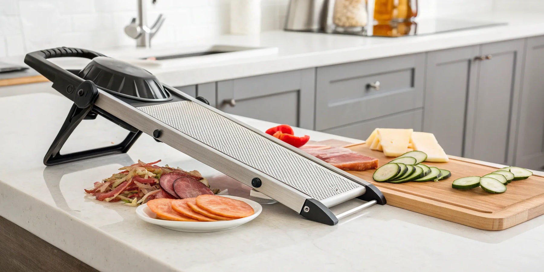 Food slicer with sliced meat, cheese, and cucumbers.