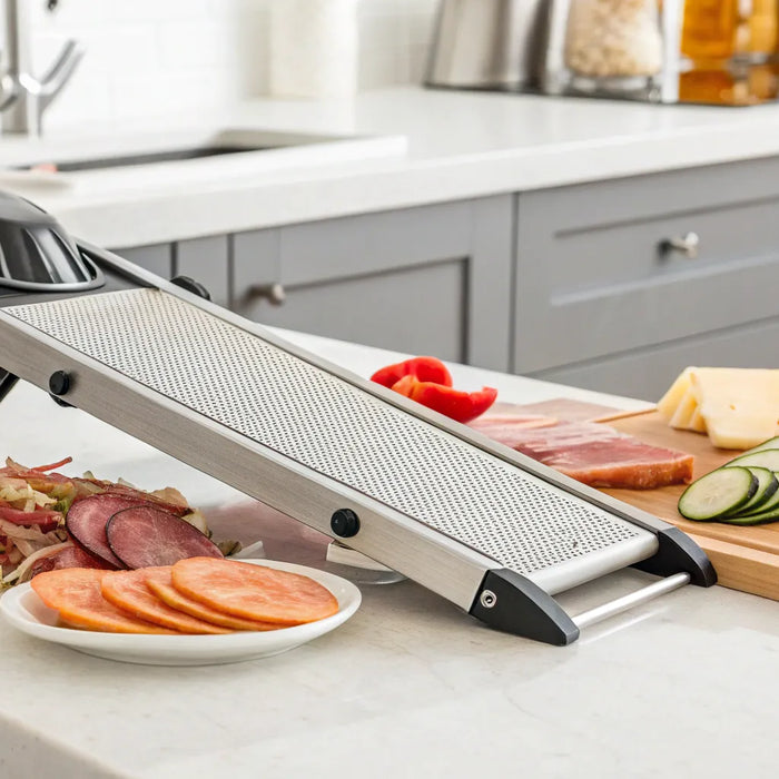 Food slicer with sliced meat, cheese, and cucumbers.