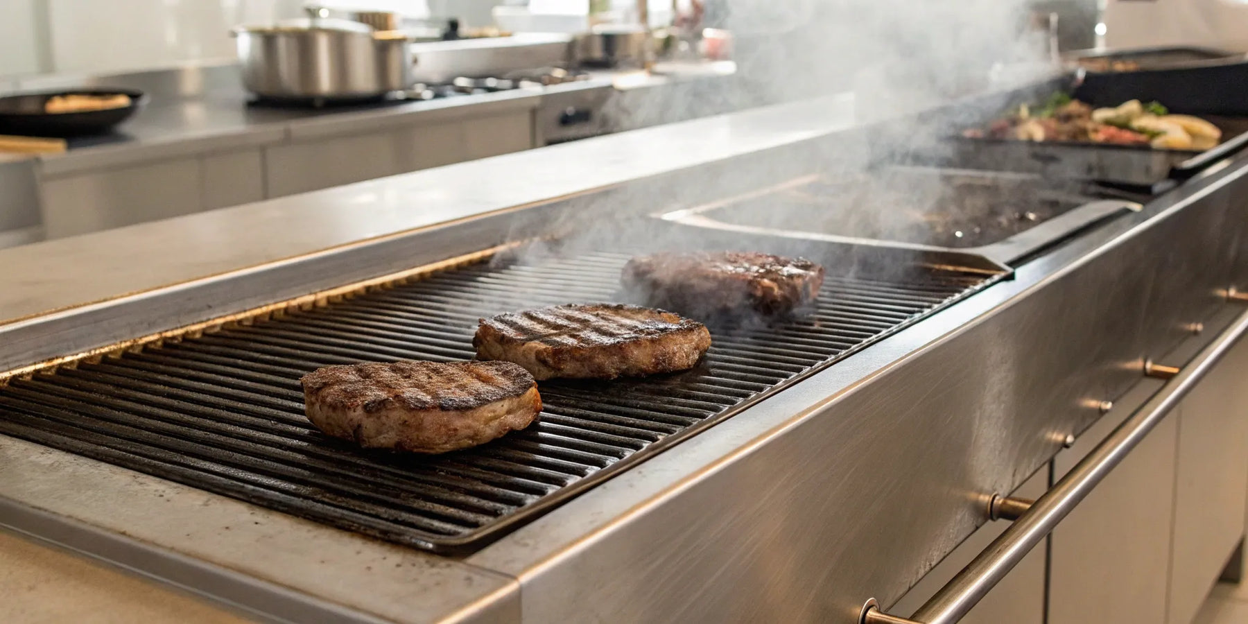 Gas flat top grill searing steaks.