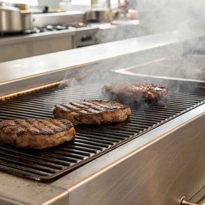 Gas flat top grill searing steaks.