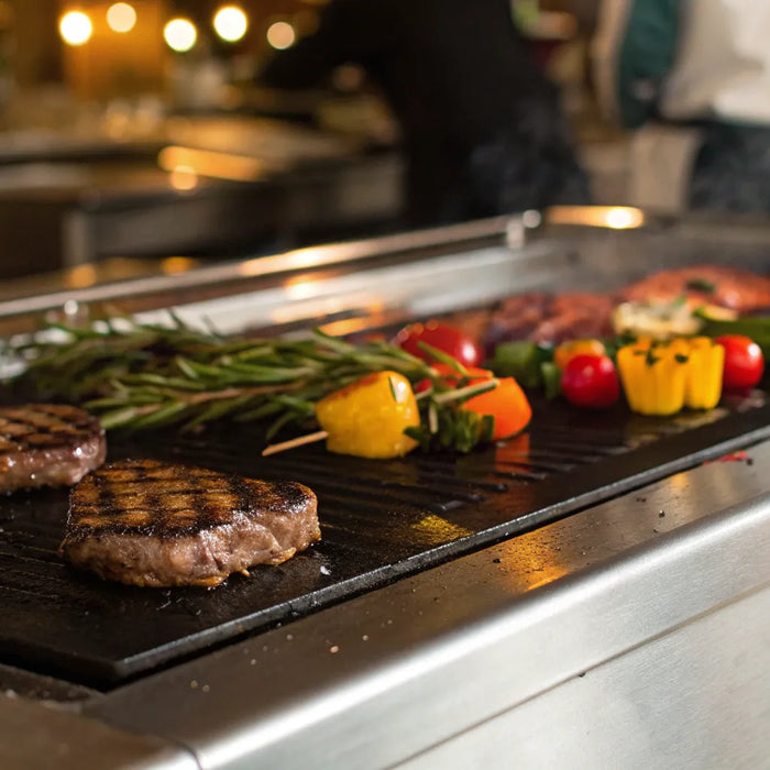 Gas flat top grill cooking on a commercial kitchen's flat top.
