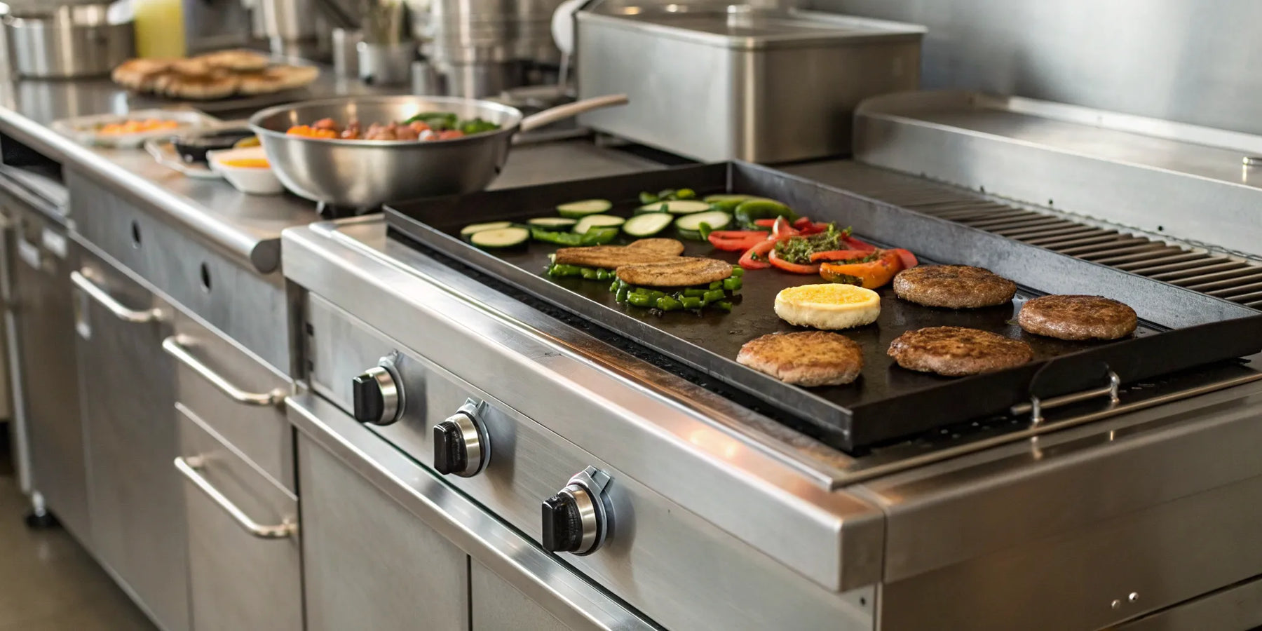 Restaurant-grade gas griddle cooking food.