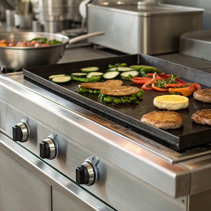 Restaurant-grade gas griddle cooking food.