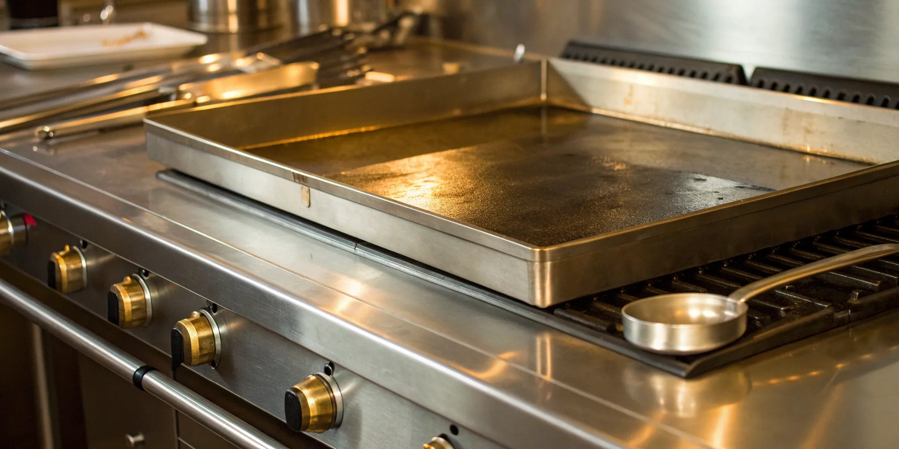 Gas griddle with stainless steel surface and control knobs.