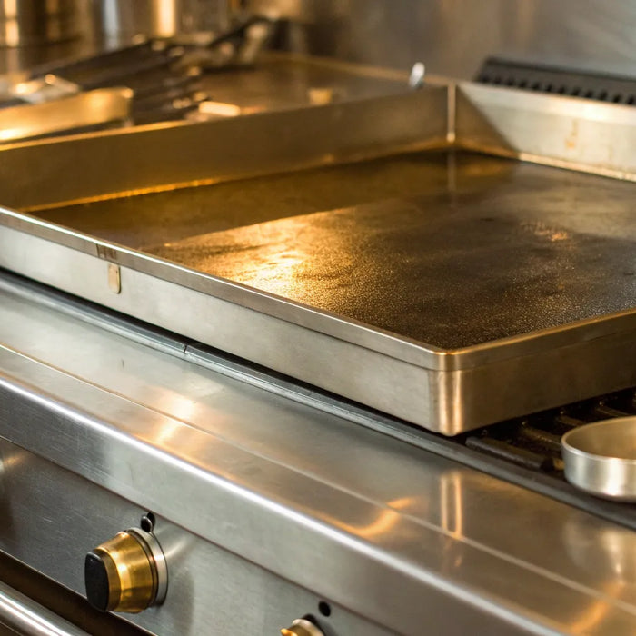 Gas griddle with stainless steel surface and control knobs.