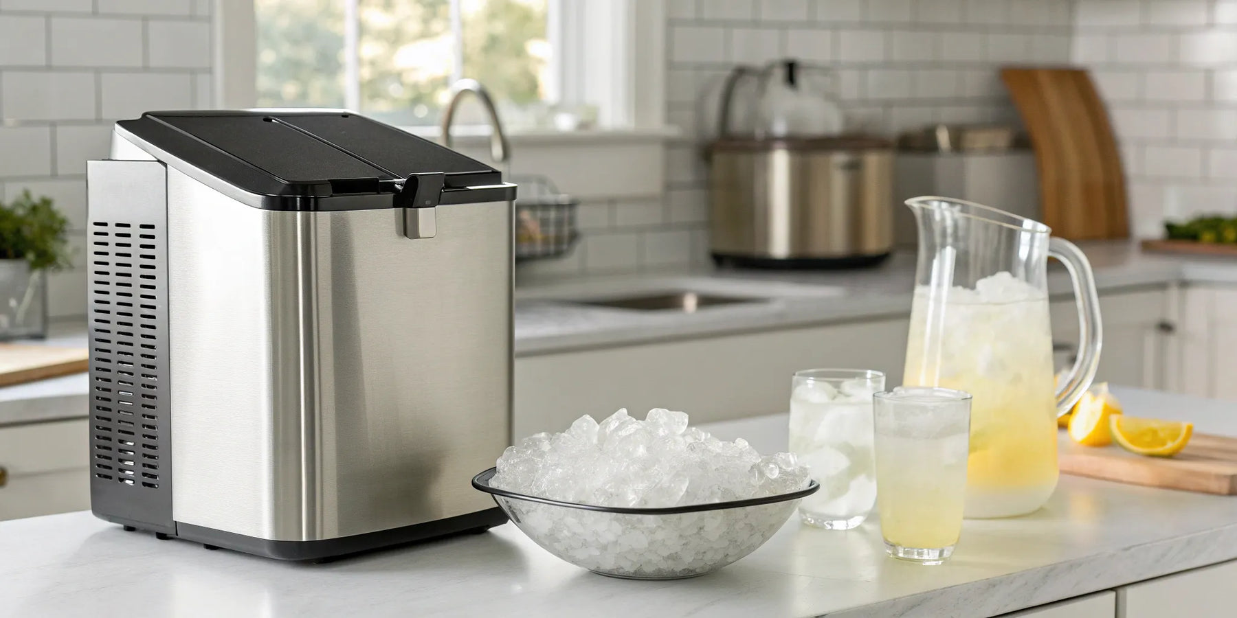 Nugget ice maker like Chick-fil-A's, with ice and lemonade.