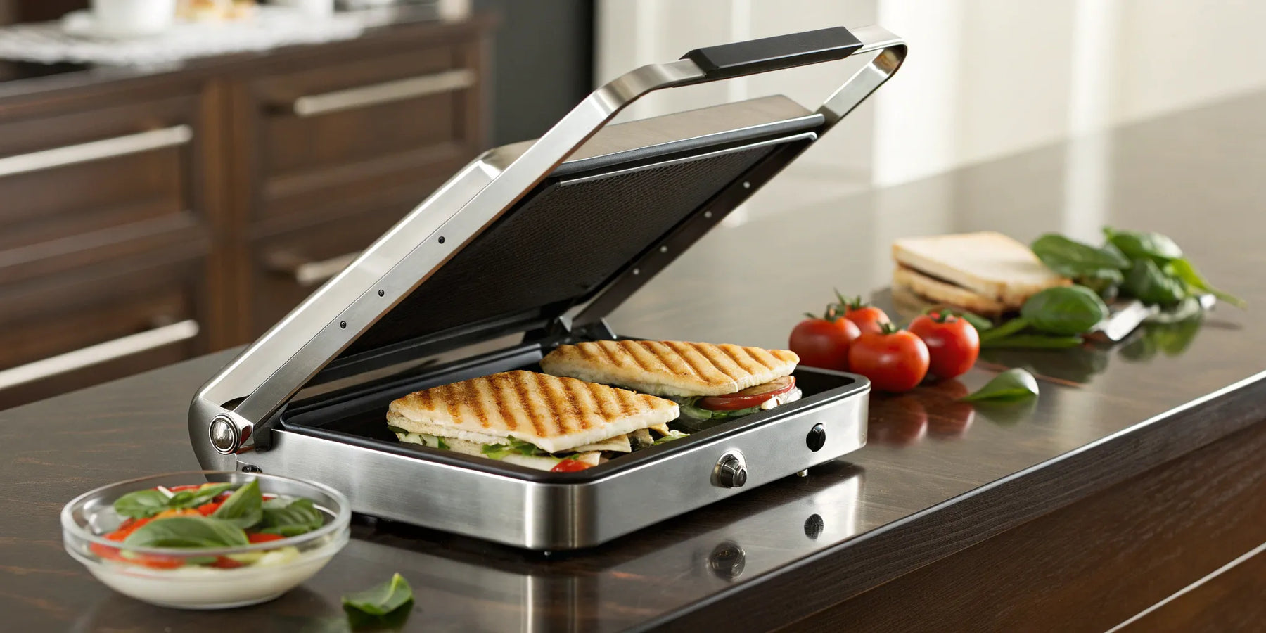 Grilled panini sandwiches on a panini press.