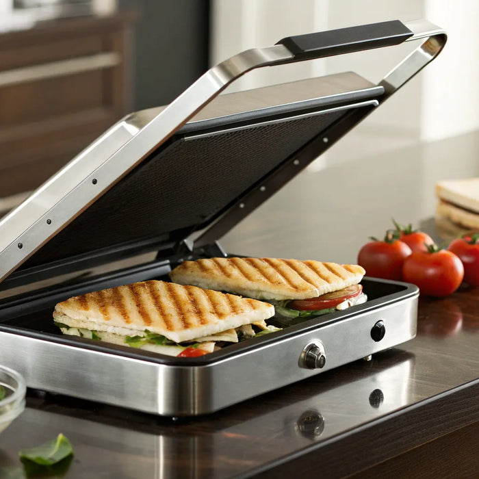 Grilled panini sandwiches on a panini press.