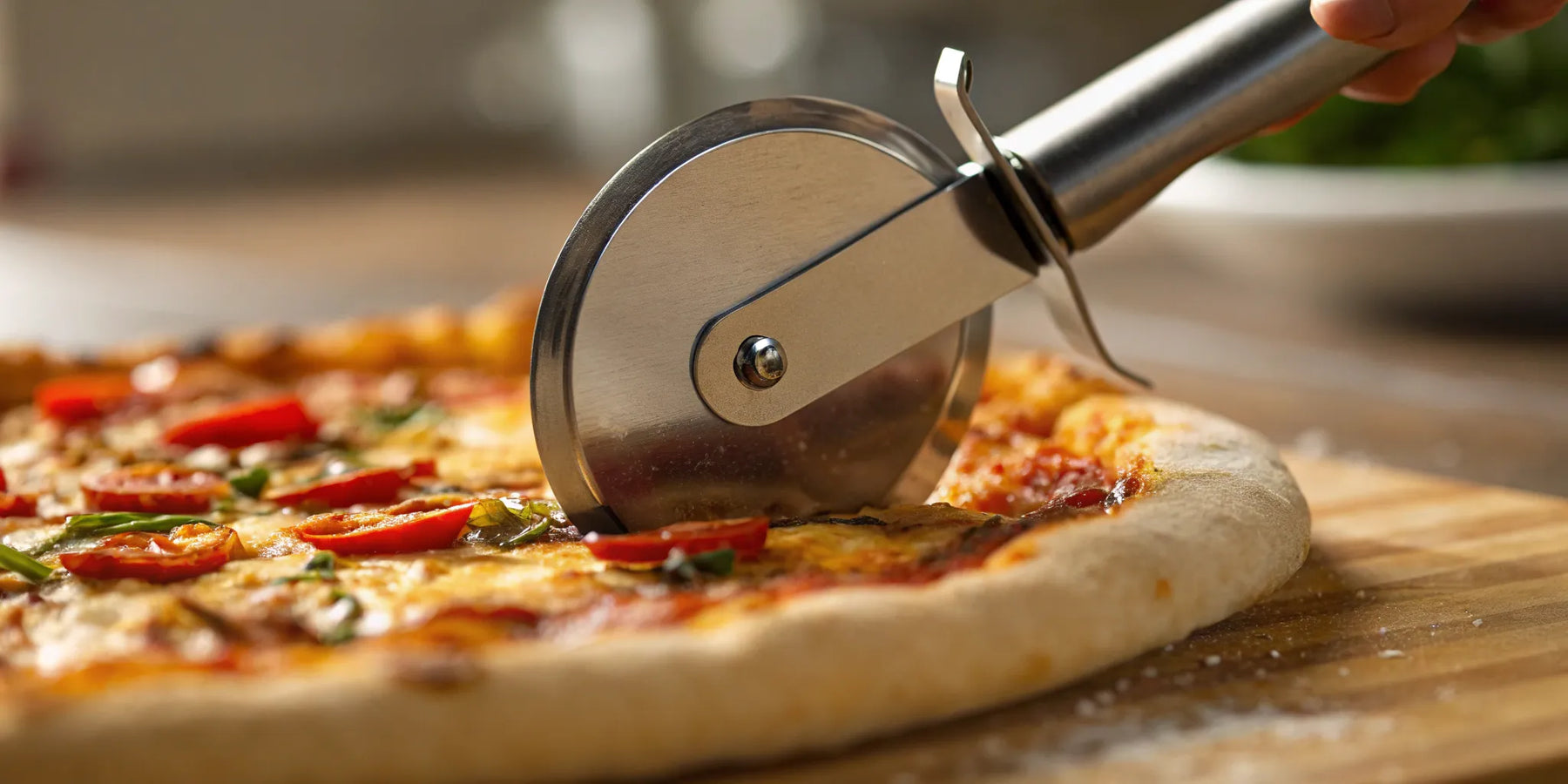 Sharp pizza cutter slicing hot pizza.