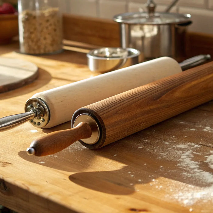 Pizza dough and wooden rolling pins on floured surface.