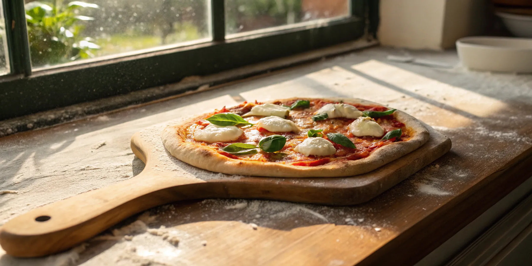 Wooden pizza peel with margherita pizza.
