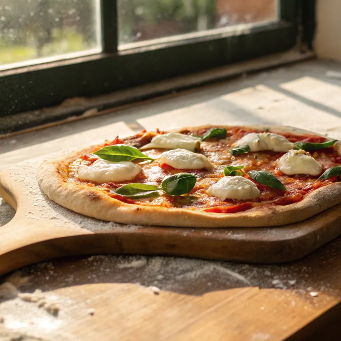 Wooden pizza peel with margherita pizza.