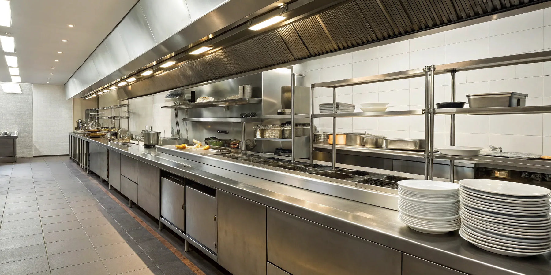 Stainless steel restaurant gear in a modern commercial kitchen.