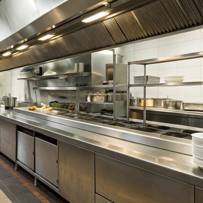 Stainless steel restaurant gear in a modern commercial kitchen.