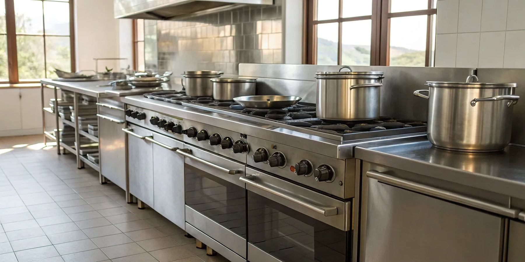 Restaurant kitchen with stainless steel equipment.