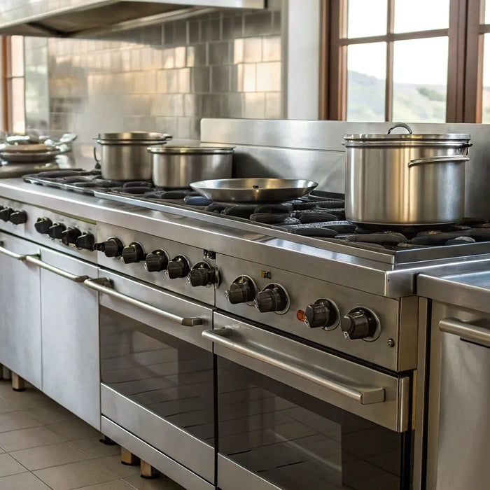 Restaurant kitchen with stainless steel equipment.