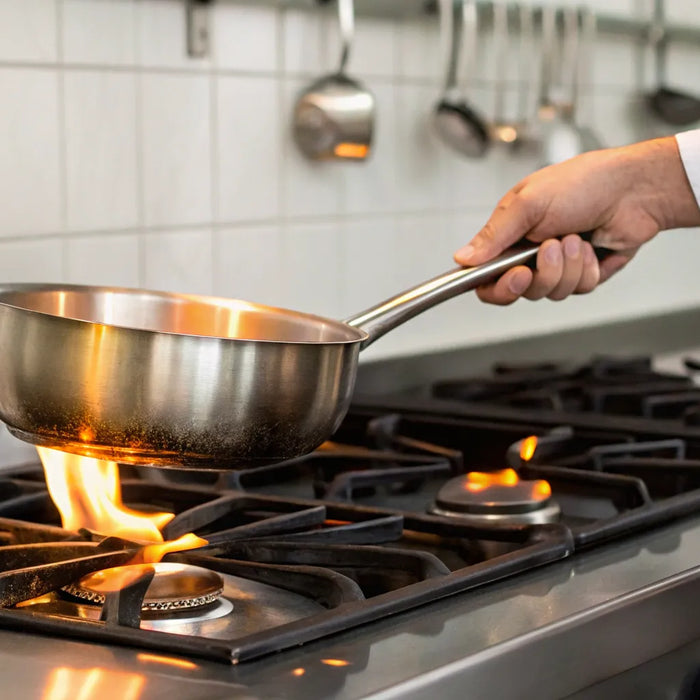 Stainless steel saucepan on gas stovetop.
