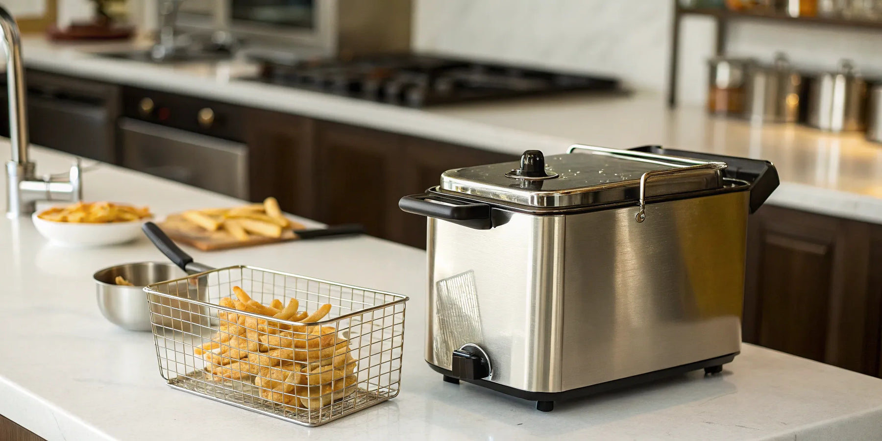Compact commercial deep fryer with french fries.