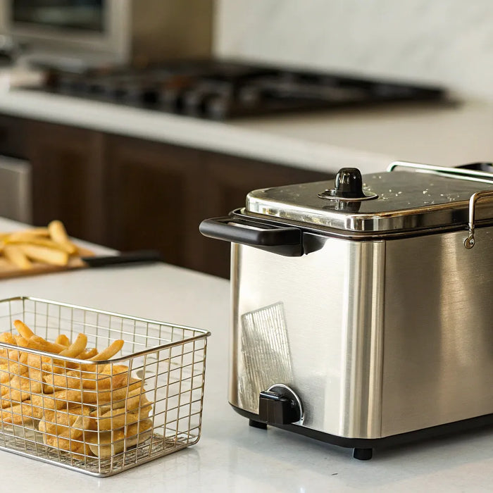 Compact commercial deep fryer with french fries.