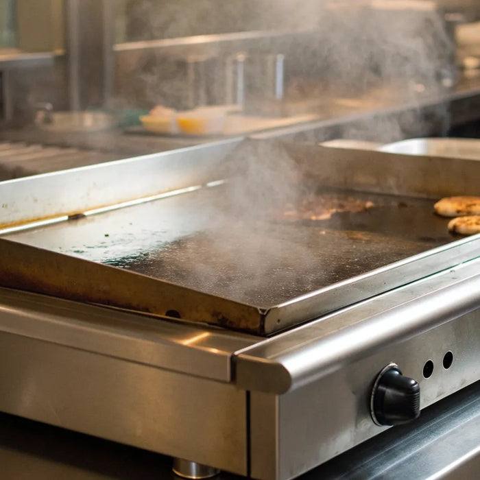 A stainless gas griddle cooking food in a professional kitchen.