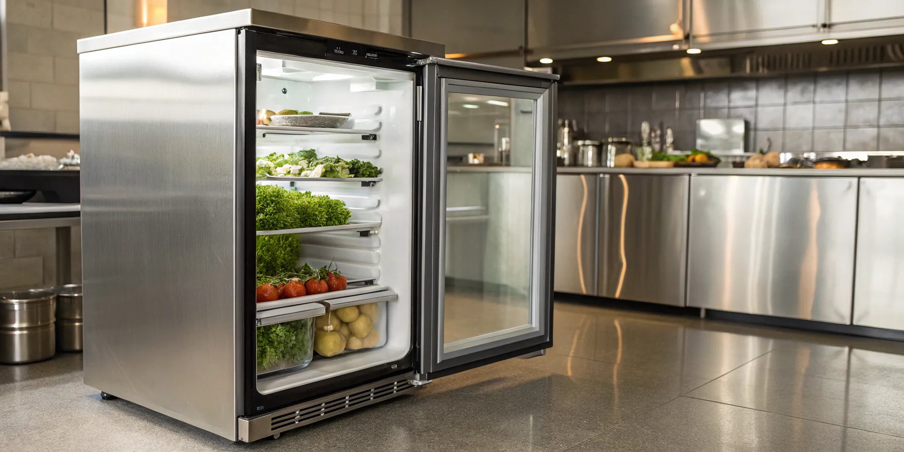 Undercounter fridge stocked with produce.