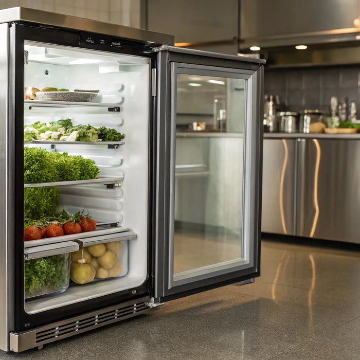 Undercounter fridge stocked with produce.