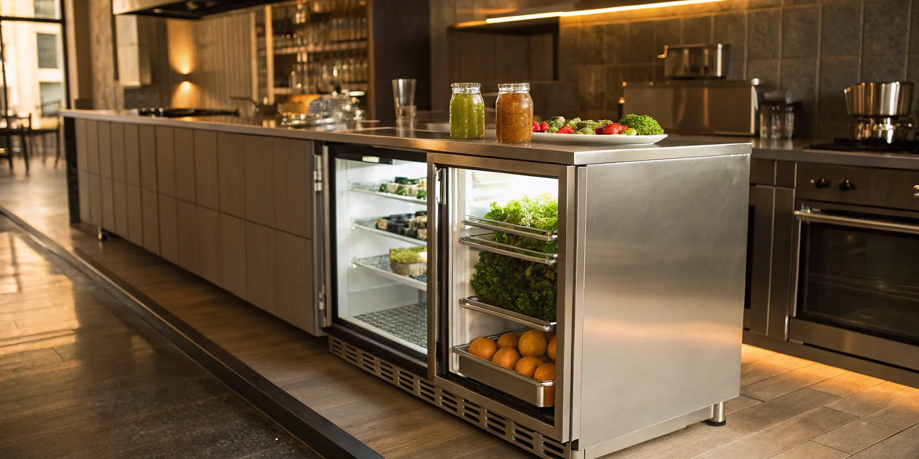 Stainless steel undercounter fridge with organized storage.