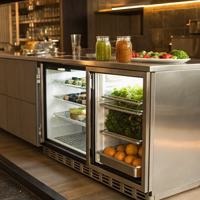 Stainless steel undercounter fridge with organized storage.