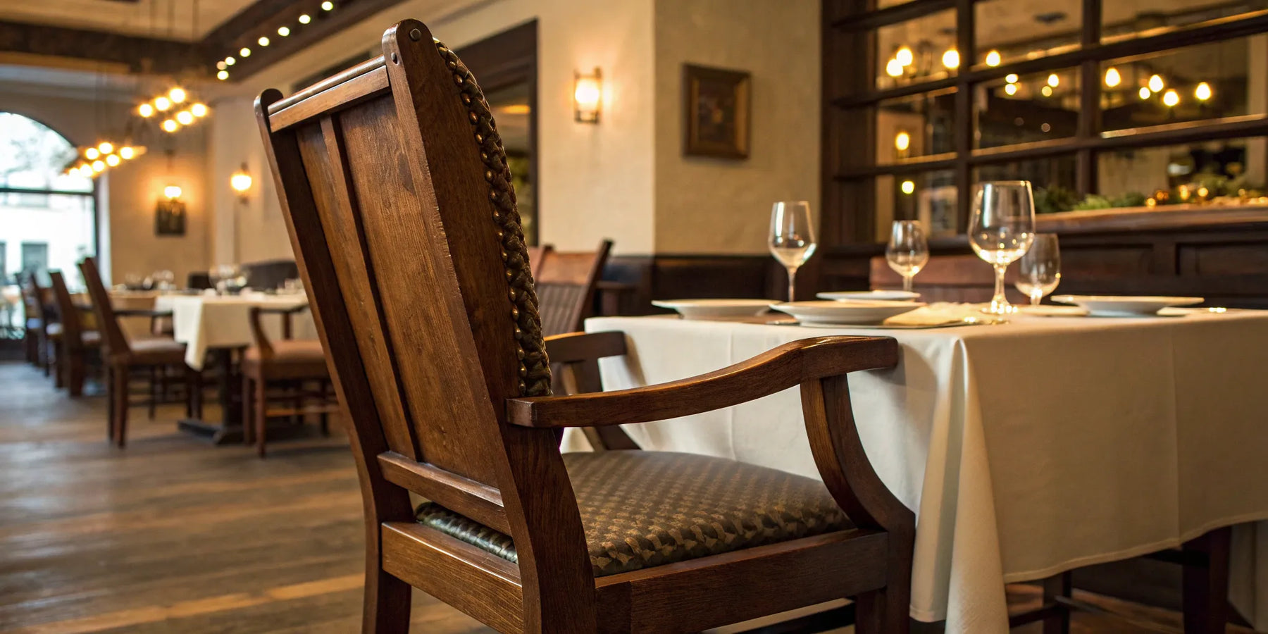 Several styles of wood chairs arranged in a restaurant dining room.