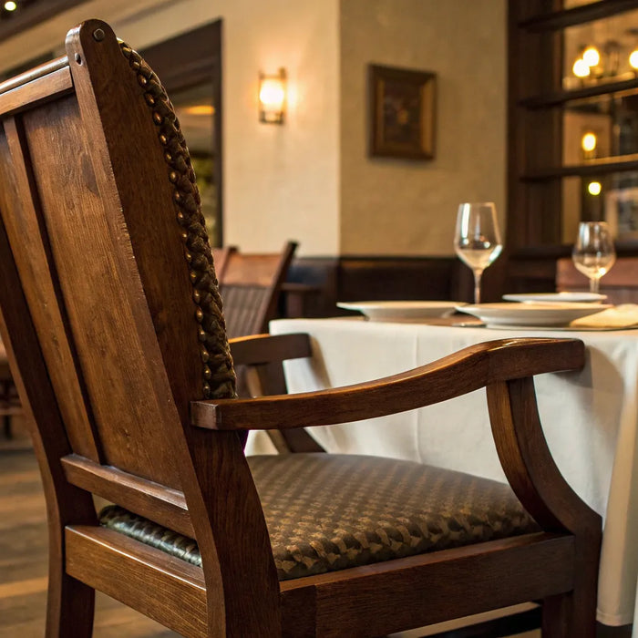 Several styles of wood chairs arranged in a restaurant dining room.