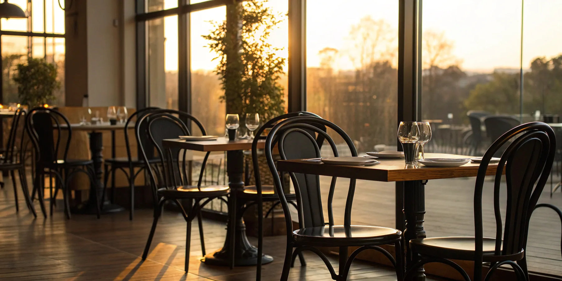 Black metal chairs in a restaurant setting.