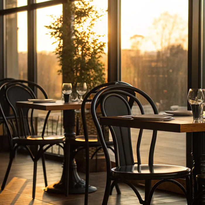 Black metal chairs in a restaurant setting.