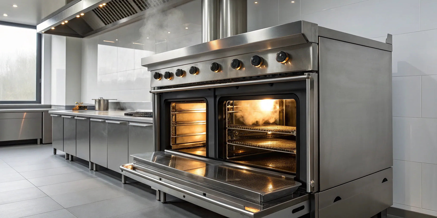 A Blodgett oven with open doors revealing steaming interior racks in a professional kitchen.
