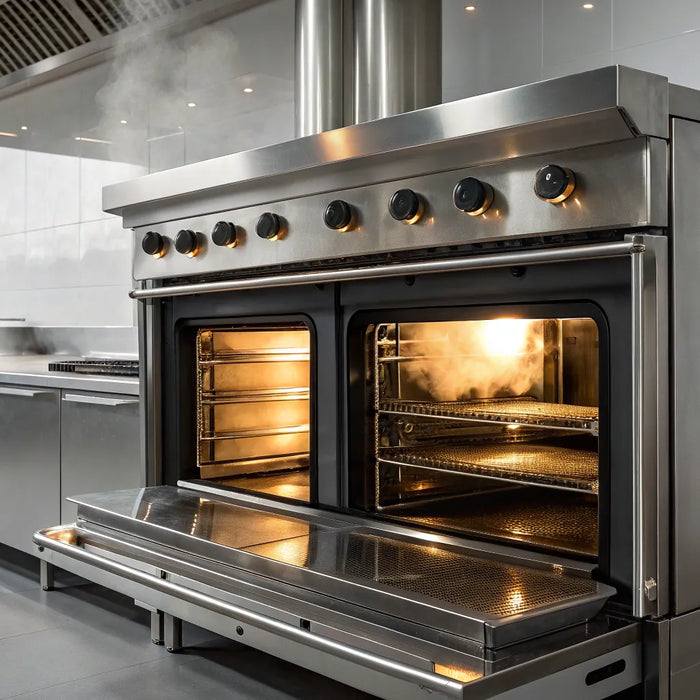 A Blodgett oven with open doors revealing steaming interior racks in a professional kitchen.
