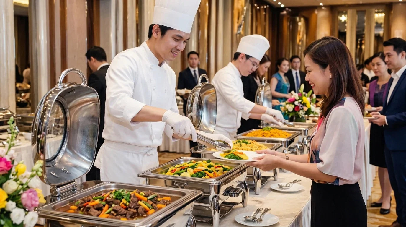 Professional chefs serving guests from polished stainless steel chafing dishes at a catering 