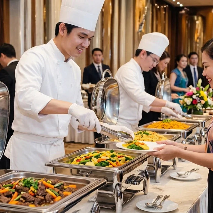Professional chefs serving guests from polished stainless steel chafing dishes at a catering 