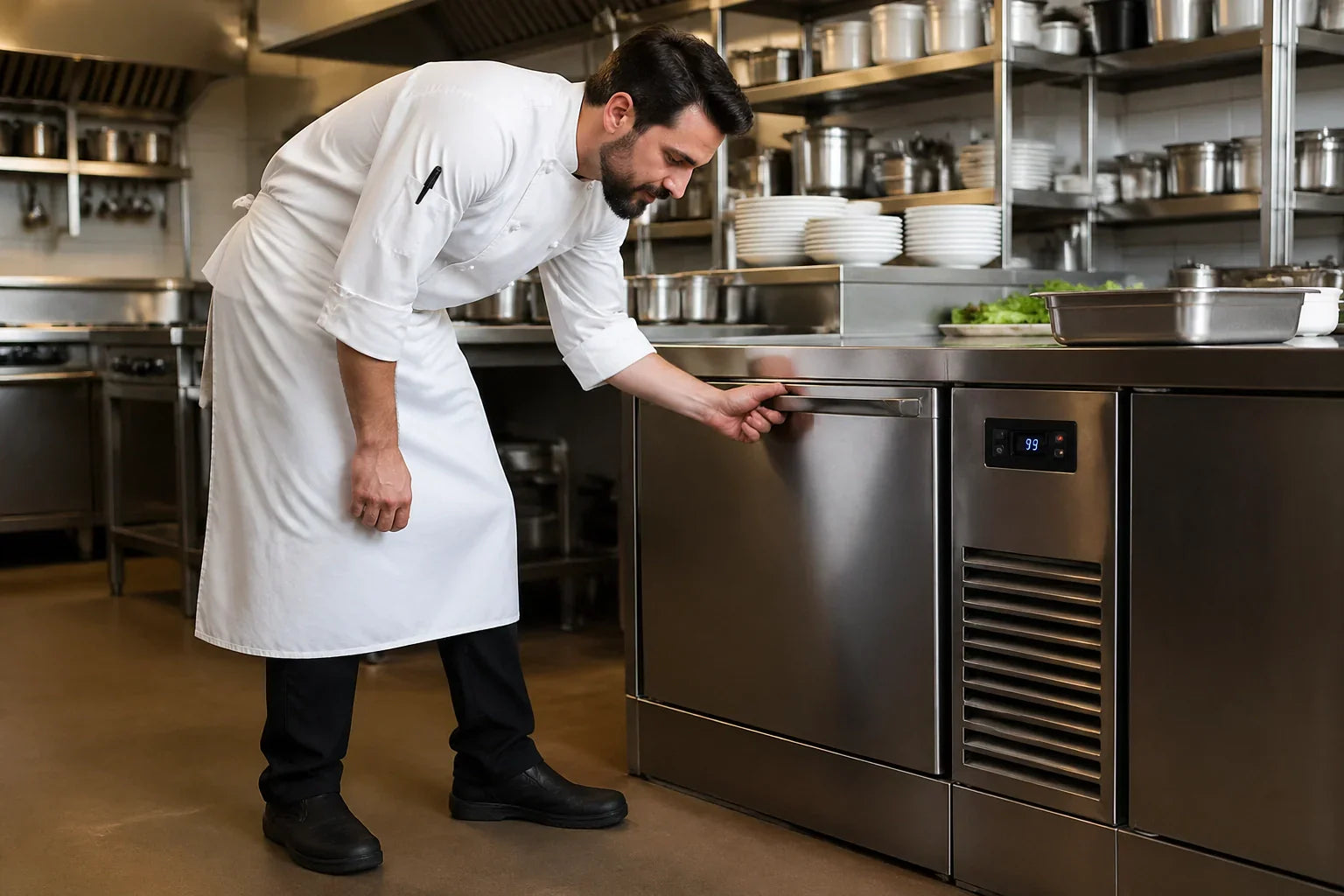 A professional chef inspecting an Atosa undercounter refrigerator in a busy commercial kitchen.