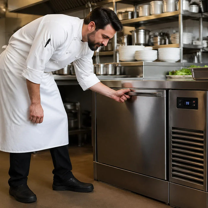 A professional chef inspecting an Atosa undercounter refrigerator in a busy commercial kitchen.